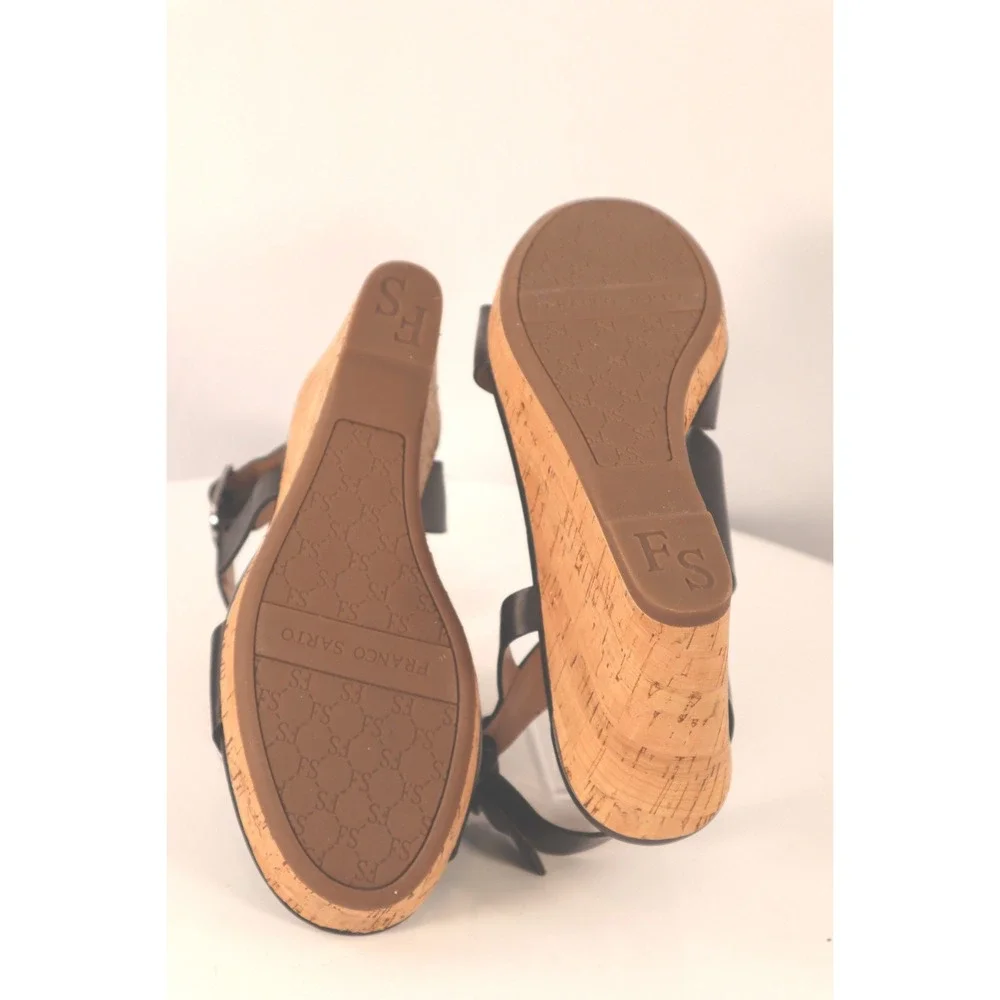 Franco Sarto‎ Marabel Black Leather Cork Wedge Sandals-Size 10